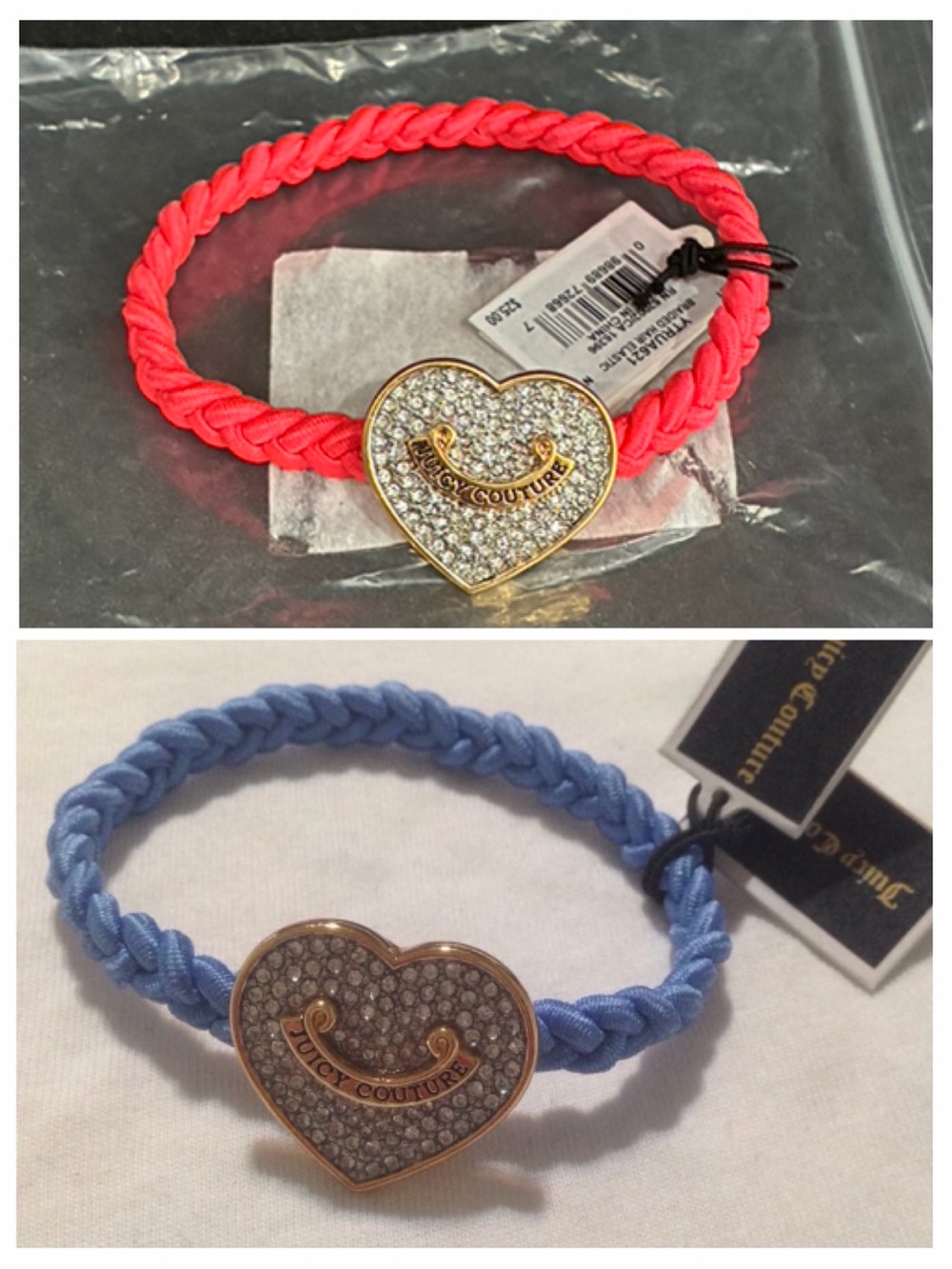 Juicy Couture Silver Crystal Heart Decal Braided Hair Ties Pink Blue Lot Of 2